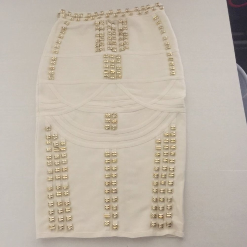 High Waisted Bandage Studded Beige Midi Pencil Skirt (Size: L)